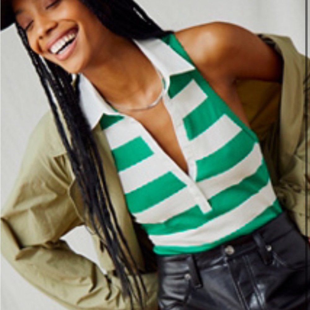 Free people Green & White Striped Halter Polo bodysuit